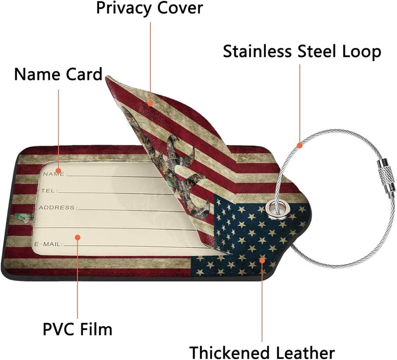 GACCAP 2 Pack Luggage Tags for Suitcase, Privacy Cover ID Label with Stainless Steel and Address Card for Travel Bag Backpack Cruise Ship Essentials Tag Women Men - Camo Deer American Flag - Image 3